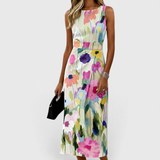 Carmina – Rochie Midi fără Mâneci cu Flori în Acuarelă