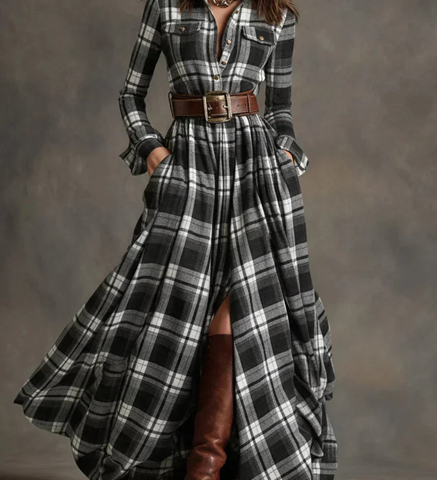 Sara – Vintage Kockás Maxi Ruha