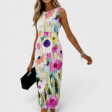 Carmina – Rochie Midi fără Mâneci cu Flori în Acuarelă