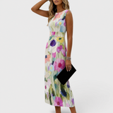 Carmina – Rochie Midi fără Mâneci cu Flori în Acuarelă