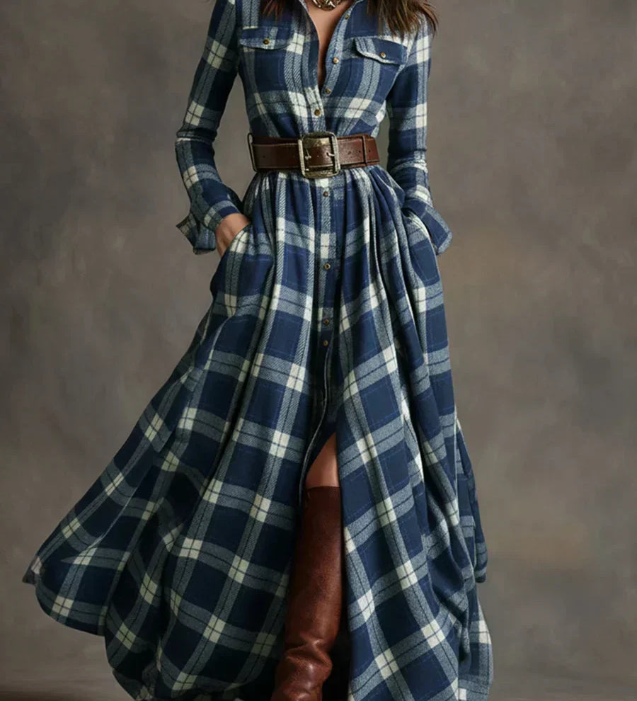 Sara – Vintage Kockás Maxi Ruha