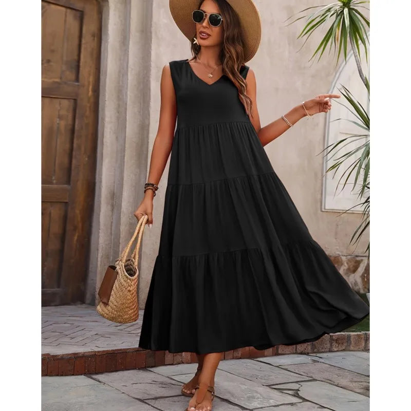 Elvira – Rochie Maxi Fluidă fără Mâneci