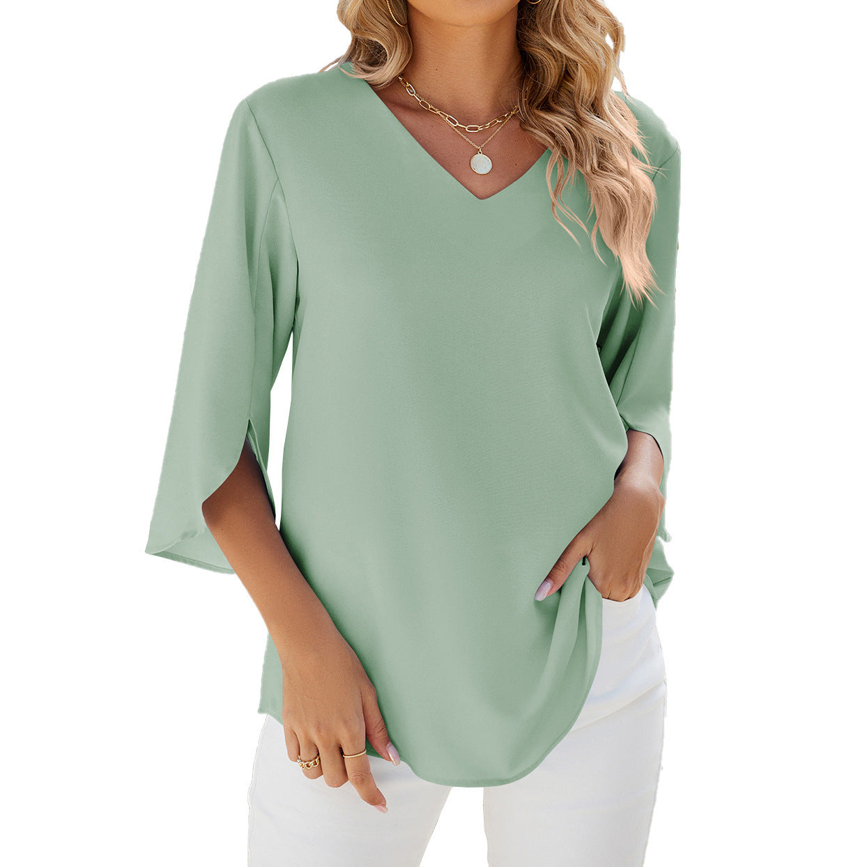 Carolina – V-nyakú Laza Sifon Blúz