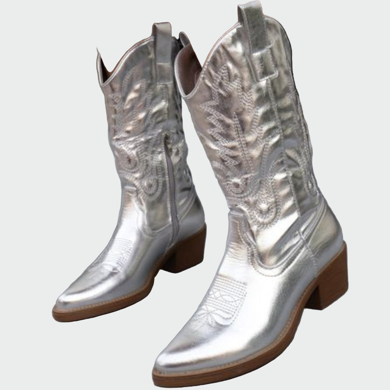 Fémes Rózsaszín Cowboy Csizma – Cipzárral, Alacsony Sarokkal és Hímzéssel